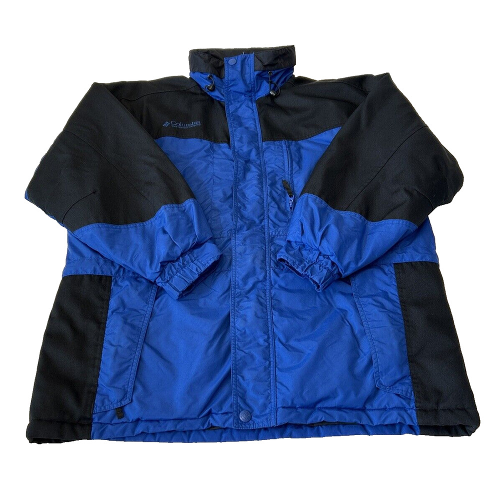 Columbia Men's Parka Sz L Blue/Black Nylon Hooded Pockets Adj Waist Fleece Lined
